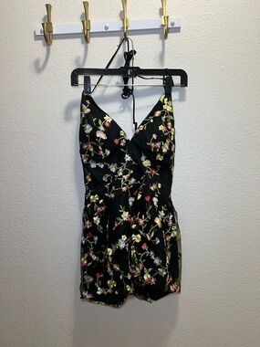 Black Floral Embroidered Halter Top